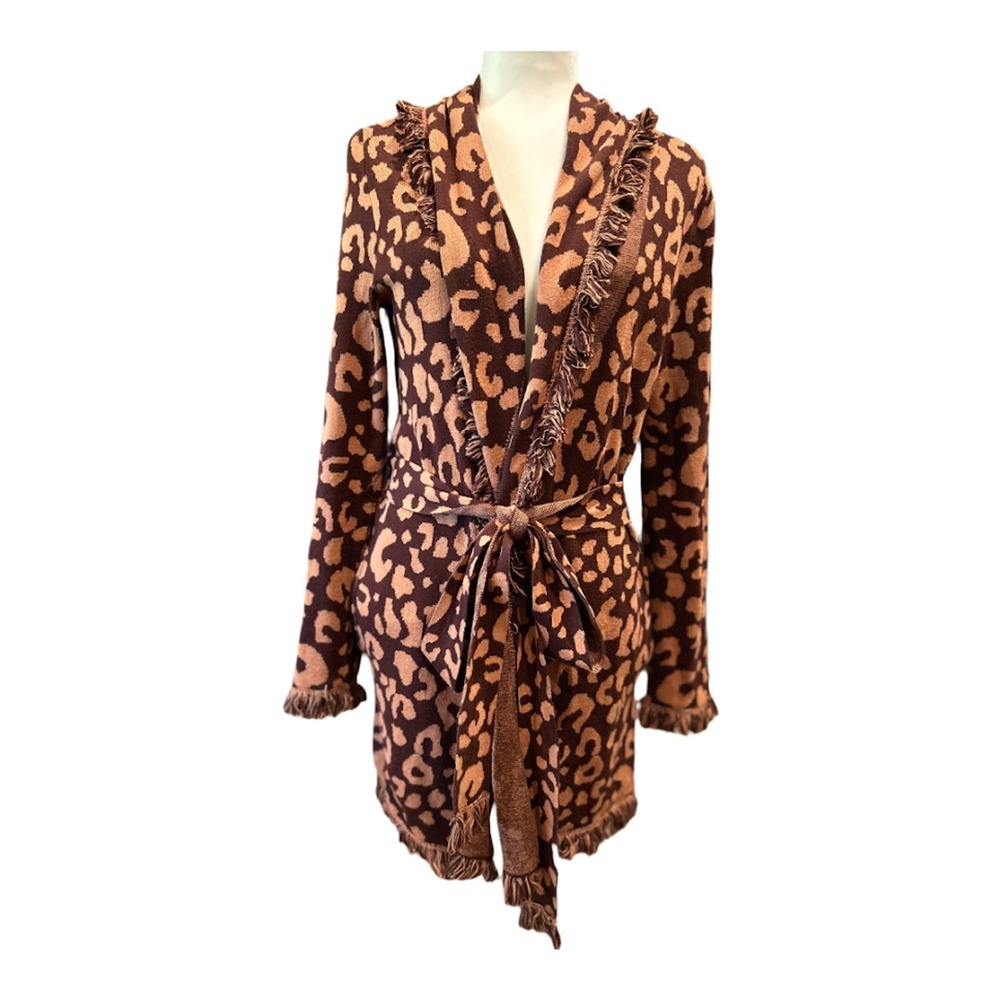 525 Belted Cardigan Size Small Animal Print Fringe with Pockets
